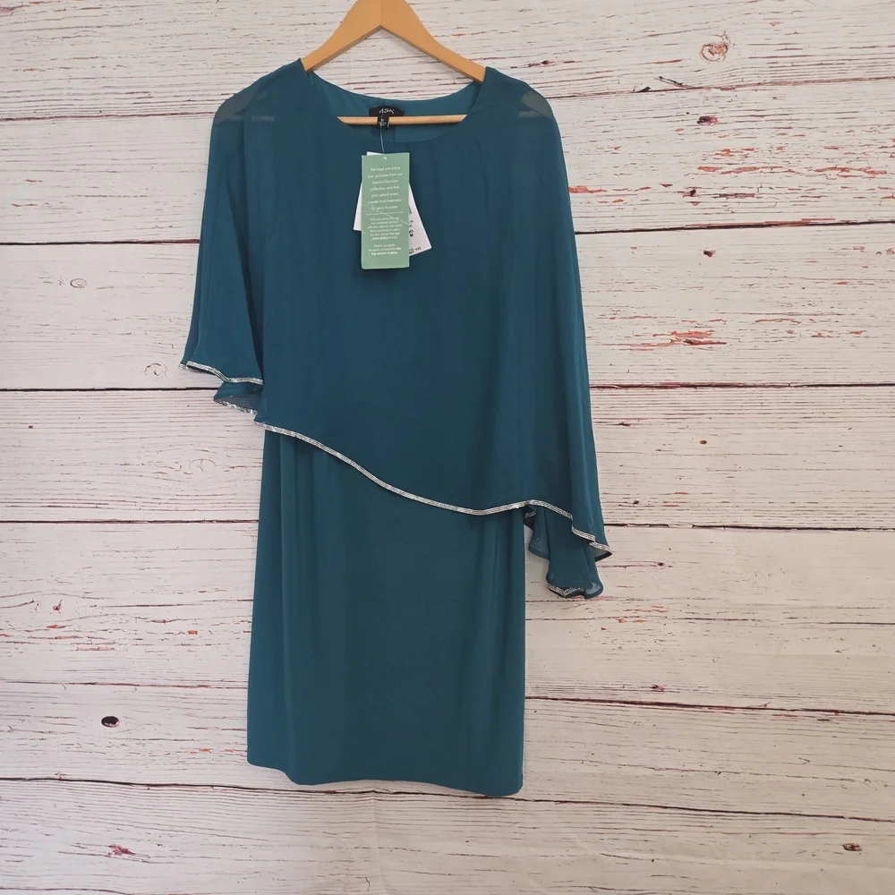 NWT MSK Teal Embellished Cape Overlay Dress Size M - Picture 3 of 14